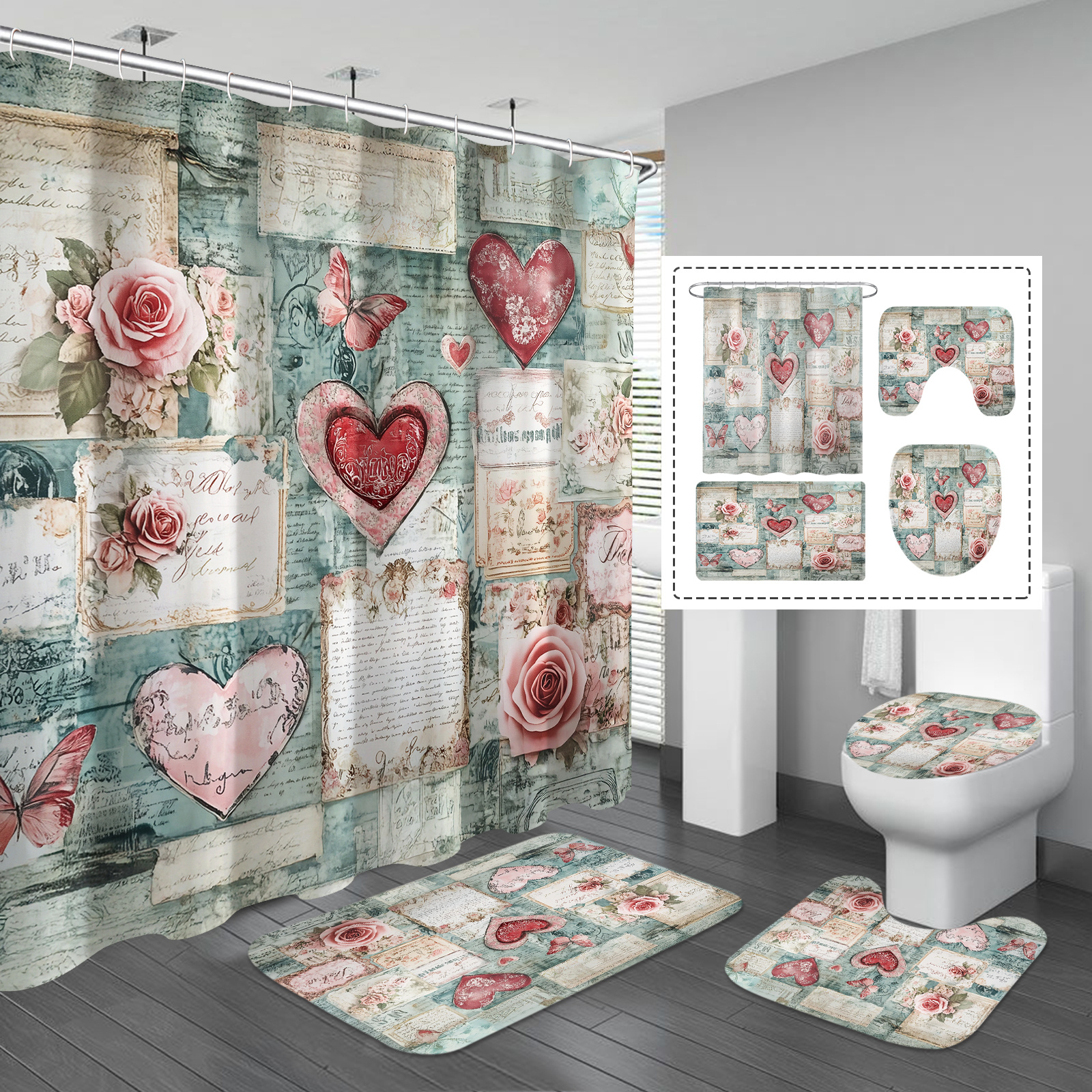 

Set Of 1/4 Vintage Curtains Featuring A Collage, Waterproof Design, With A Bathroom Rug, U-shaped Toilet Mat, And Lid Cover, Valentine's Day Decor.