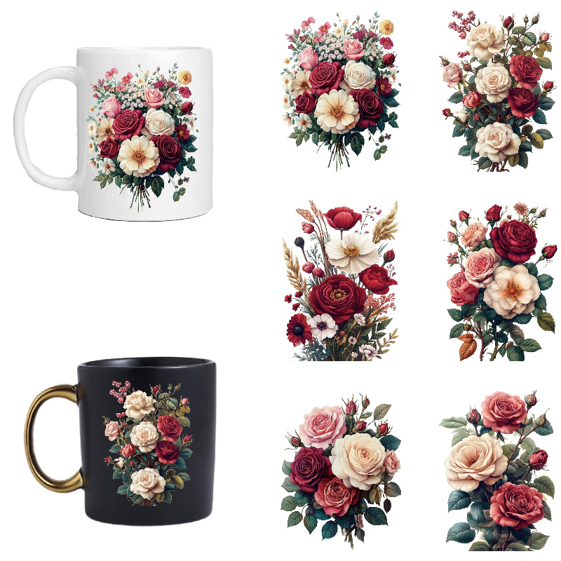 

6pcs Vintage Floral Vinyl Stickers, Bouquet Designs, Self-adhesive & Waterproof, -resistant, Ideal For Decorating Ceramic, Glass, Metal Cups - Adds A Touch Of To Your Drinkware