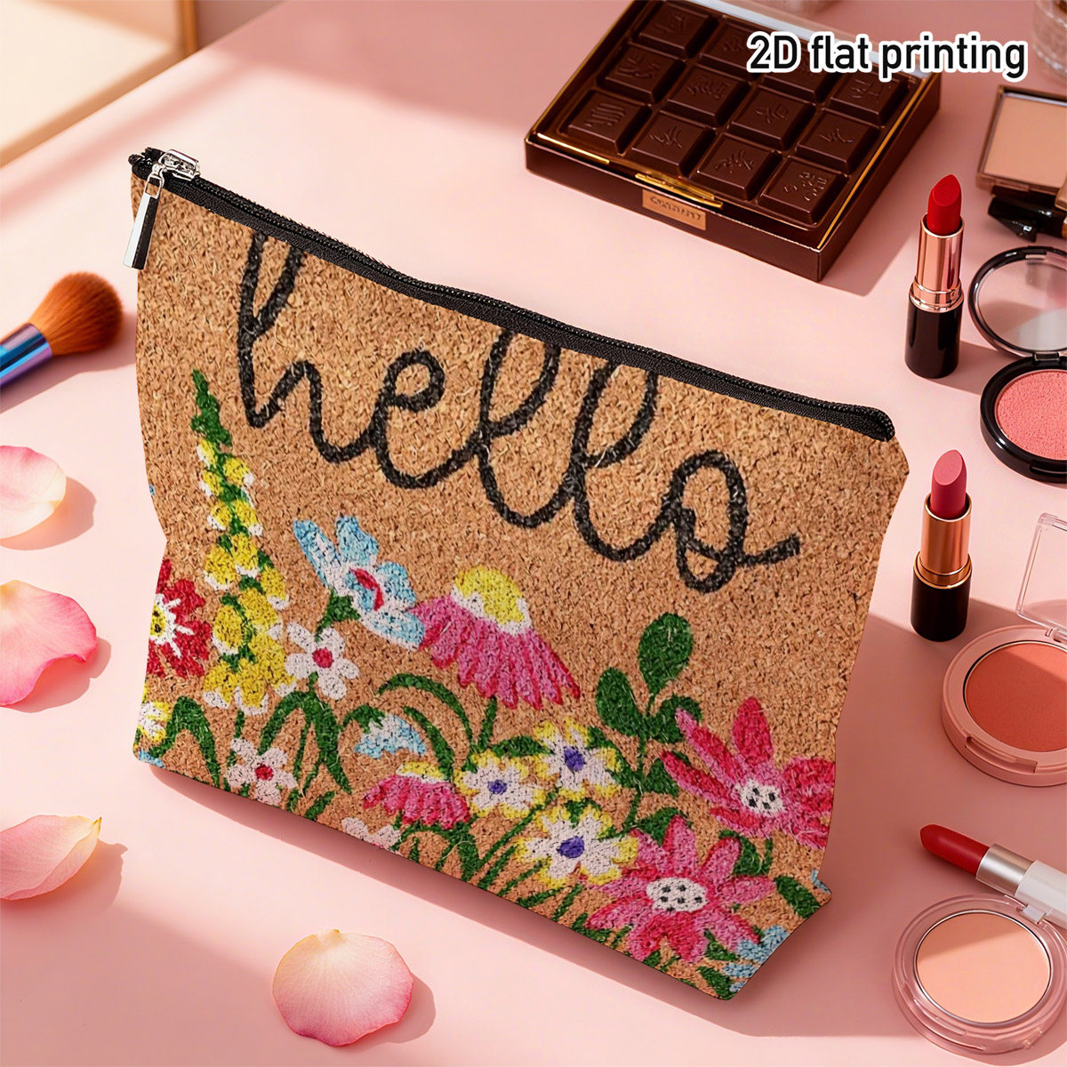 item picture 2d flat 1pc   garden makeup bag colorful floral hello print ideal for   storage weekend   spring picnic for  