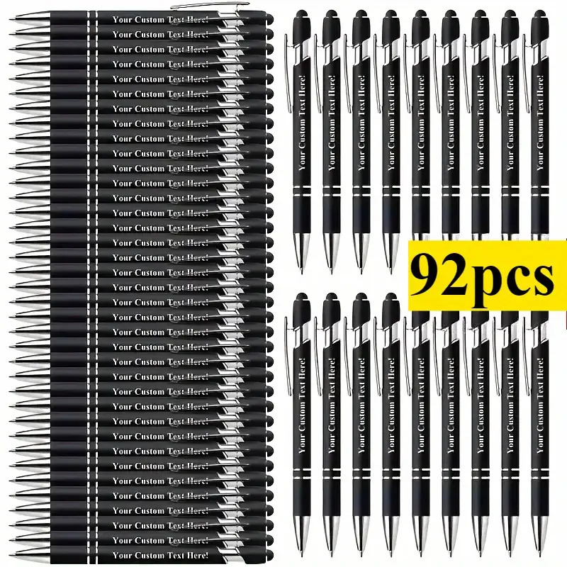 TEMU 92pcs Custom Engraved Round Ballpoint Pen Set - 8-color Assortment, Personalized Text, Smooth Writing, Touchscreen Compatible, Black Metal Pens,