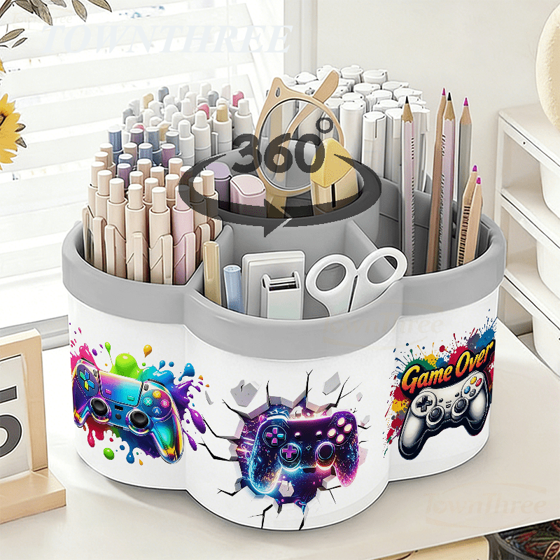 TEMU Rotatable Pen Holder And Cosmetic Organizer | Game Controller Sticker - 360Â° Rotating Convenient Desktop Storage Box | Large Capacity Portable