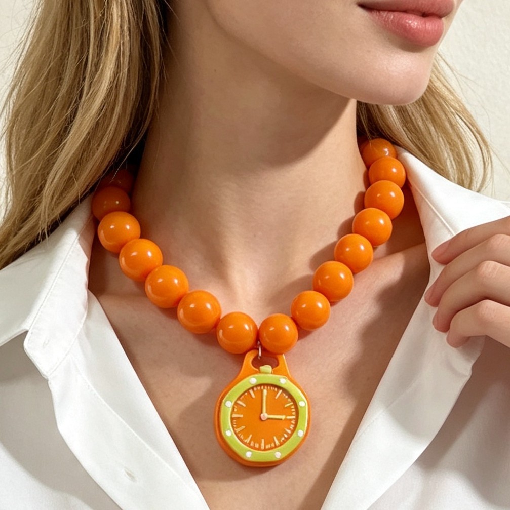 Creative Dopamine Bright Orange Round Bead Necklace, Unique Design