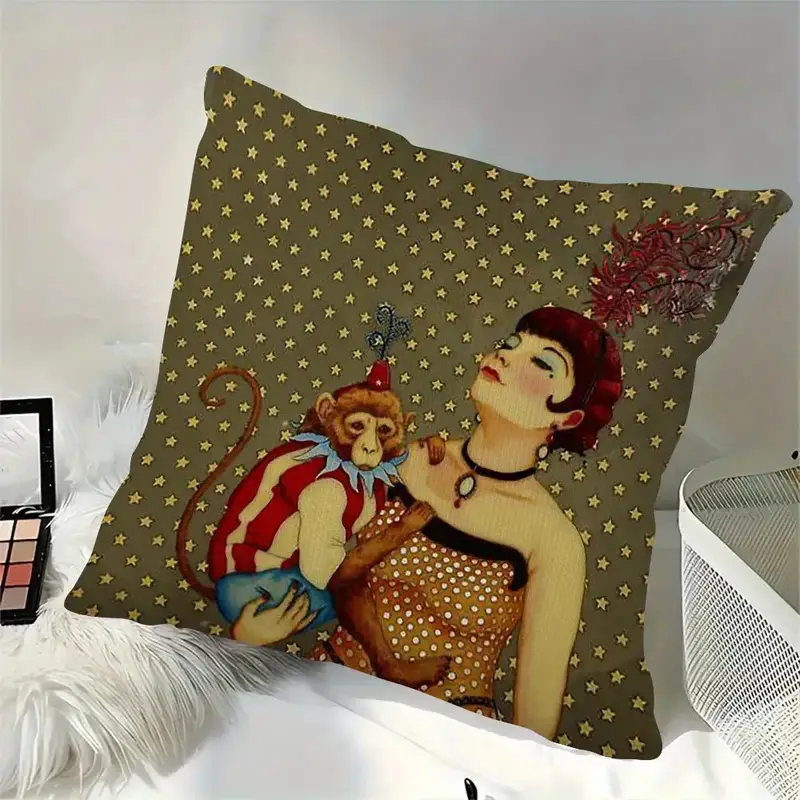 1pc retro style abstract animal print plush pillowcase, double-sided design, hand wash only, zipper closure, polyester fiber, bedroom, sofa, living room, car decorative cushion cover- 18x18 inches(no insert), decorative pillow, elegant woman & monkey portrait , -century decor Product details 3