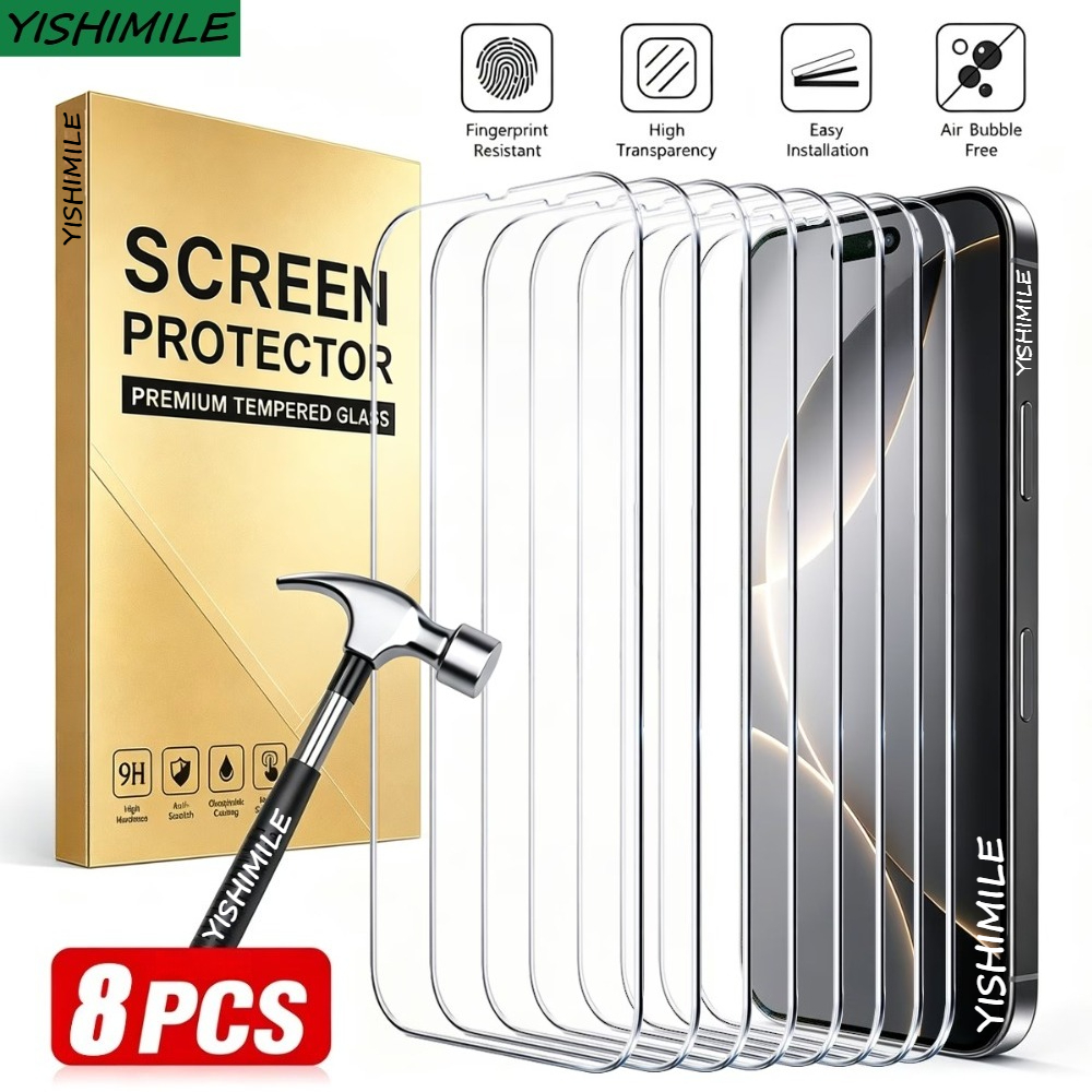 TEMU Lot de 8 protections d'écran en verre trempé HD transparent intégral, compatibles avec iPhone 12 13 Plus 16e 17 Air 17e, écran très transparent