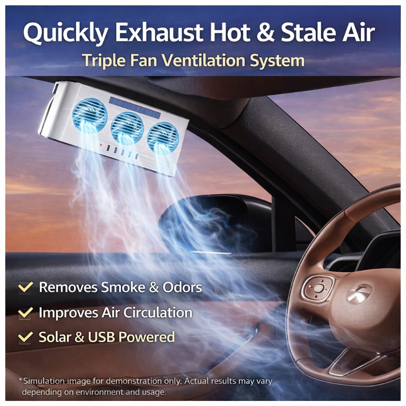   an exhaust fan with   battery designed for in car heat dissipation and ventilation it features a 1200mah solar battery and is suitable for in car ventilation and air purification