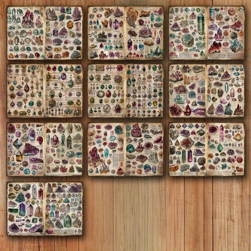10 Sheets Of Paper, Synthetic Gemstone Minerals Junk Journal Pages. Synthetic Gemstone Minerals Journaling Paper, Art Garbage Calligraphy Collage Decoration Materials.