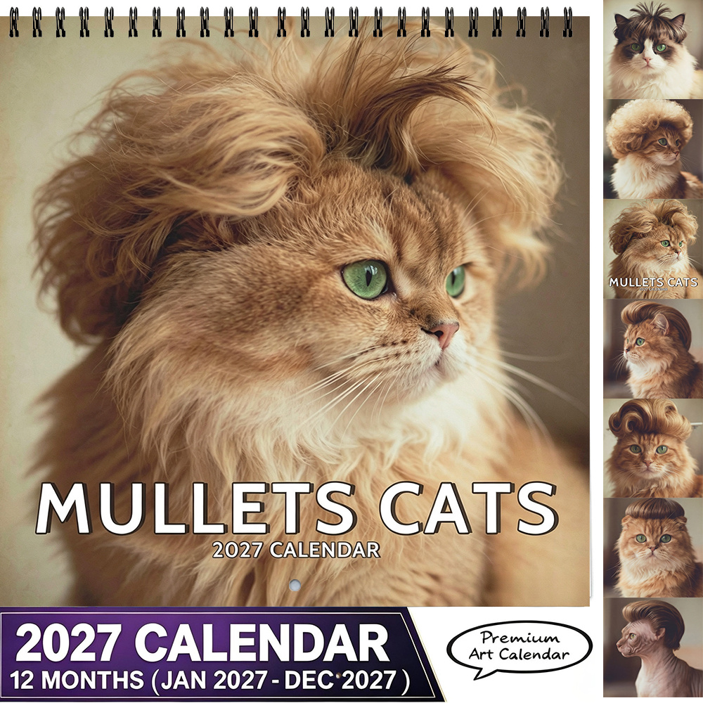 TEMU Calendrier Chat Mullet 2027 8.3 X 8.3 pouces Calendrier Mural Chat Créatif et Drôle Décoration Murale Maison Calendrier à Accrocher Cadeau de
