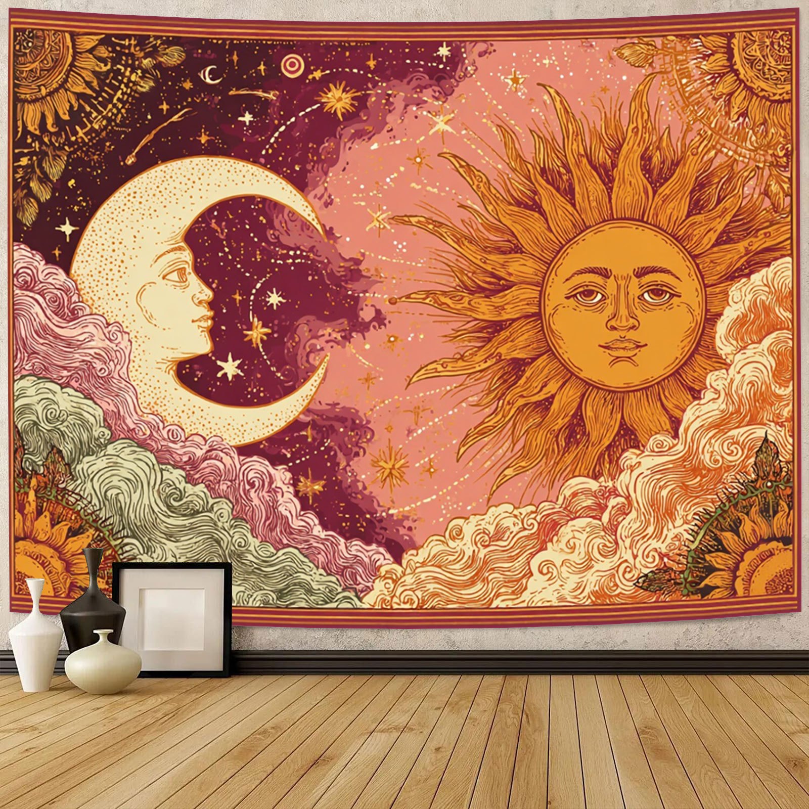 TEMU Sun And Moon Tapestry Retro Bohemian Wall Hanging Sun And Starry Fantasy Tapestry Wall Art Wall Decor, Suitable For Living Room Bedroom Dorm