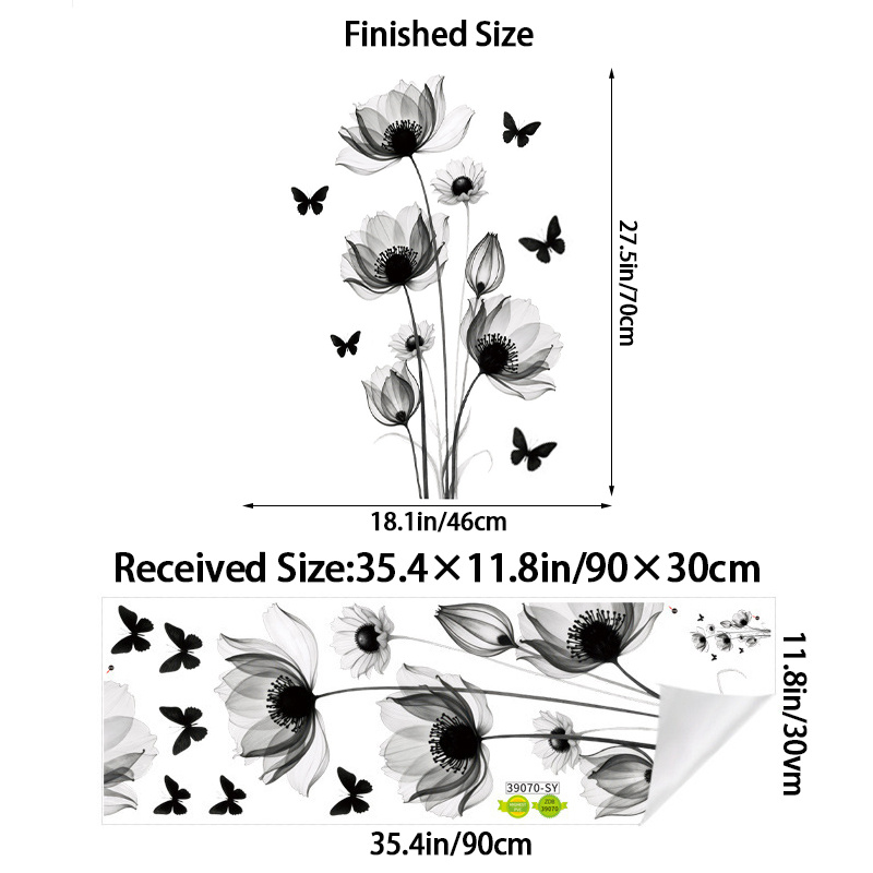 TEMU 1pc Black Flower And Wall Stickers For Bedroom, Living Room, Bathroom/very Suitable For Simple And High-end Style Home Decoration/pvc
