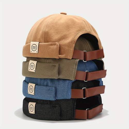 retro beanie adjustable brimless hat with leather strap lightweight acrylic casual outdoor for men women