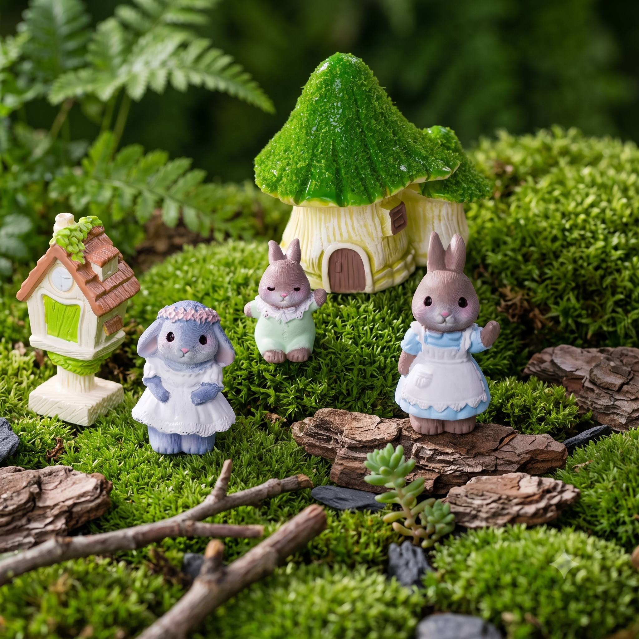 TEMU Fairy Forest Bunny Family Resin Figurines Set, Mini Mushroom House And Clock Tower Cottage, Rabbit Miniature Ornaments, Moss Terrarium Succulent