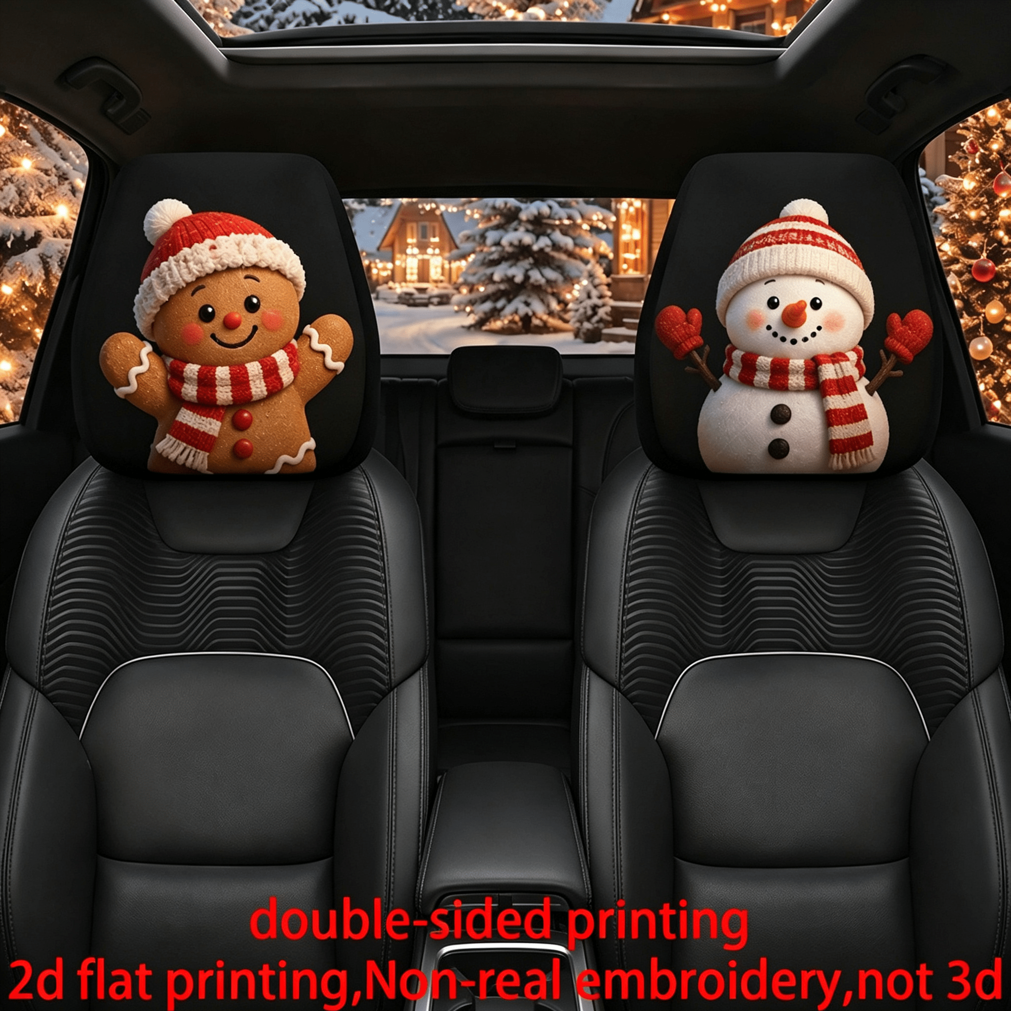 TEMU 2pcs Car Seat Covers 2d Flat Double-sided Printed, Featuring Cute Christmas Gingerbread Man Smiling And Waving Red And White Knitted Hat Scarf