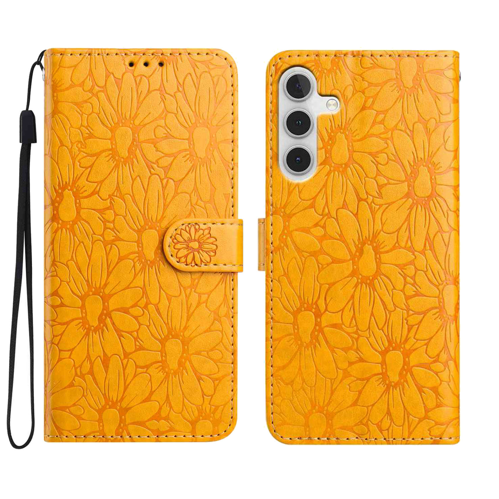 TEMU Phone Case: Yellow Daisy Pattern Print Synthetic Leather Phone Case With Stand, Wallet Case With Credit Card Slot, Suitable For S26 Ultra/s26