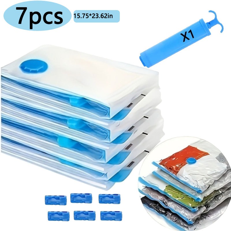 Image of 7pcs Large-capacity Vacuum Compression Bags Set | Includes Manual Air Pump, Clothes, Quilts, And Bedding Storage Solution, Saving 80% Of Wardrobe Space