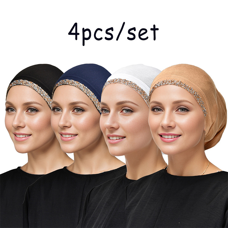 4pcs Rhinestone Embellished Cap, Classic Thin Base Cap With Polyester Fiber Lining, Fixed Headscarf To Prevent Slipping, Compatible With Headscarves, Suitable For