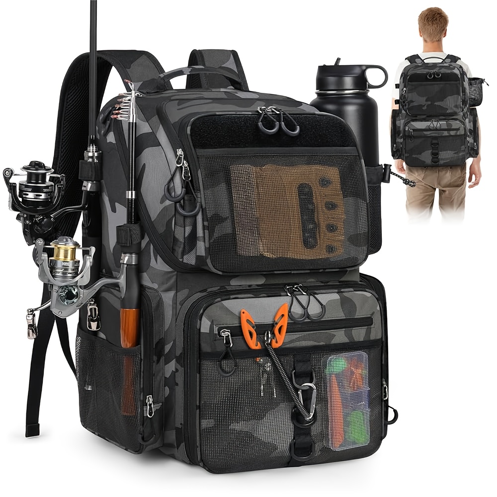 Image of Rainsmore Fishing Backpack, Heavy-duty 900d Adjustable Compartments With Rod Holder, Tackle Bag Storage For Fishing Gear, Gift For Men And Dad, 45l, Black And Blue Camouflage