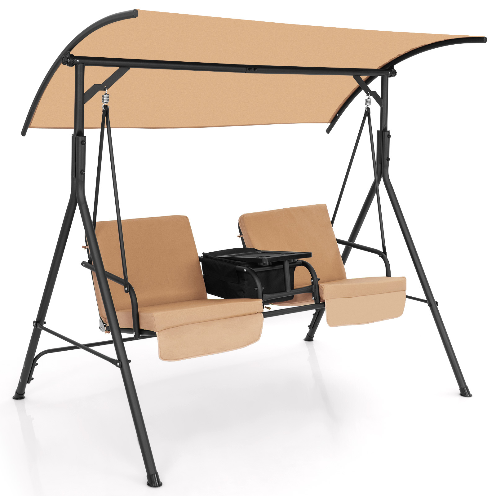 LIFEZEAL Porch Swing Chair with Adjustable Canopy, 2-Person Swing Chair with Cooler Bag, Rotatable Tray and Removable Cushions, Outdoor Canopy Swing Loveseat for Backyard Balcony Poolside. - Image 5