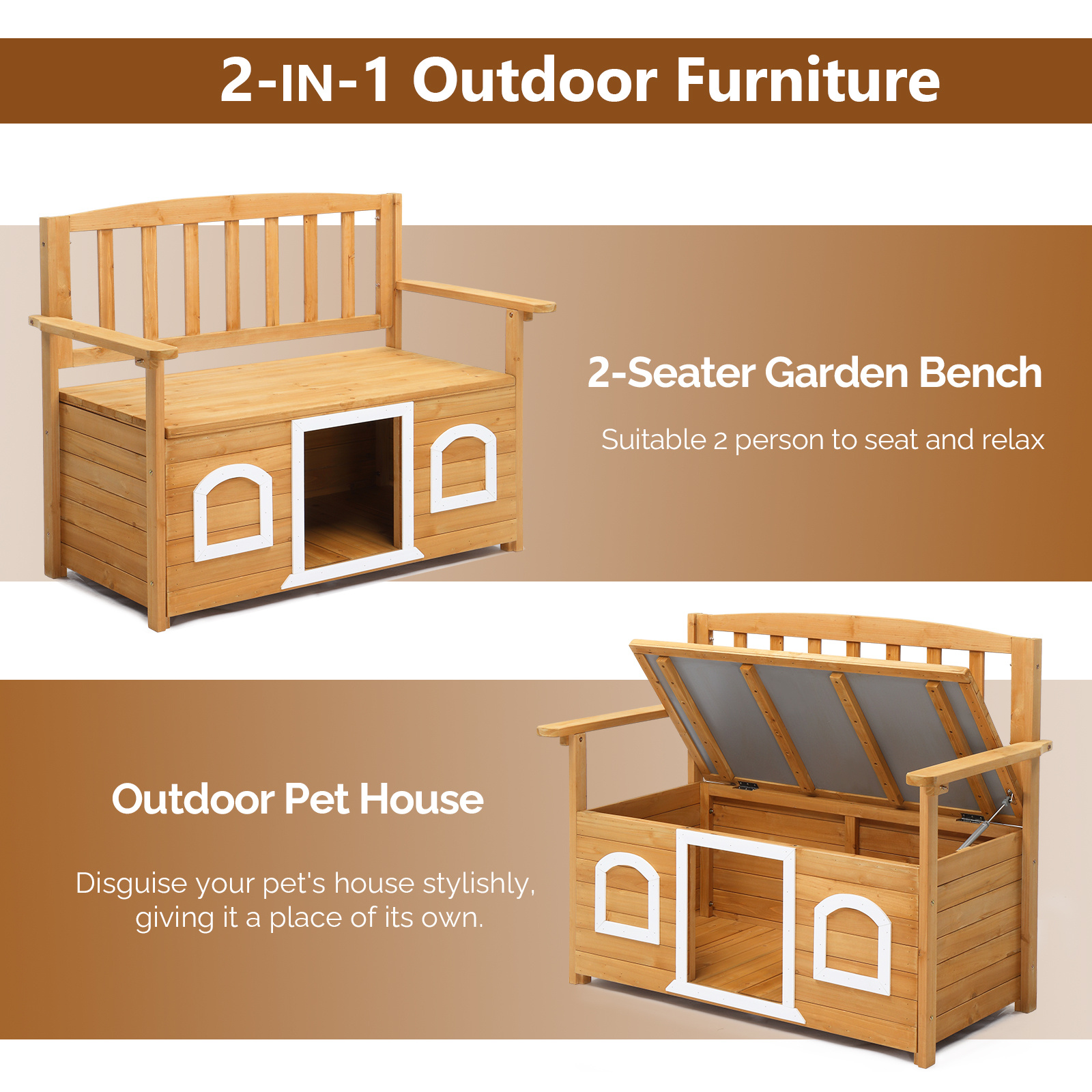 Wooden Bench for Outdoors, Versatile Garden Furniture with Dog Shelter and Storage Area, Ideal for Patios, Yards, and Verandas