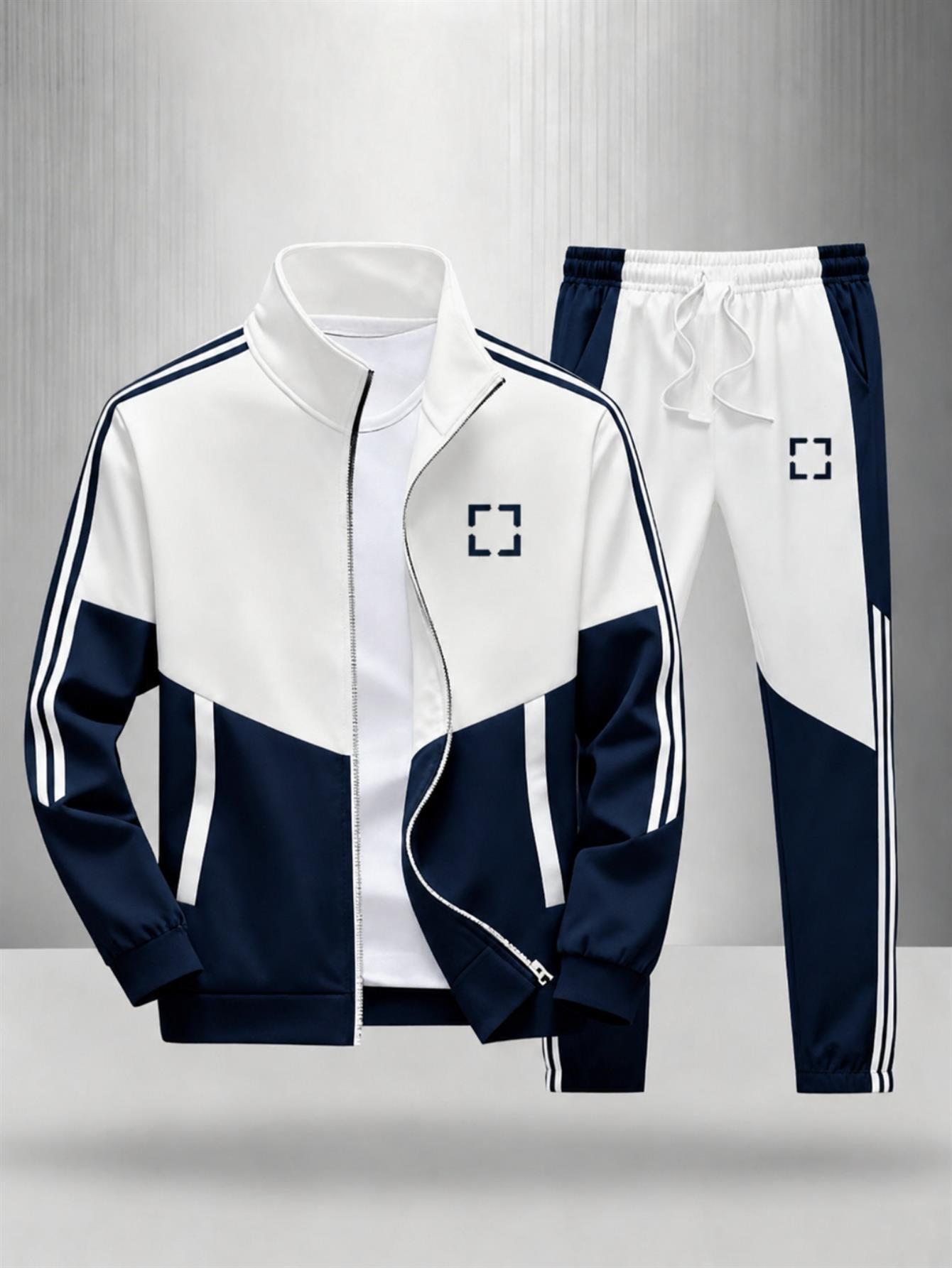 Men's Geometric Print 2pcs Tracksuit Set in White & Navy Blue
