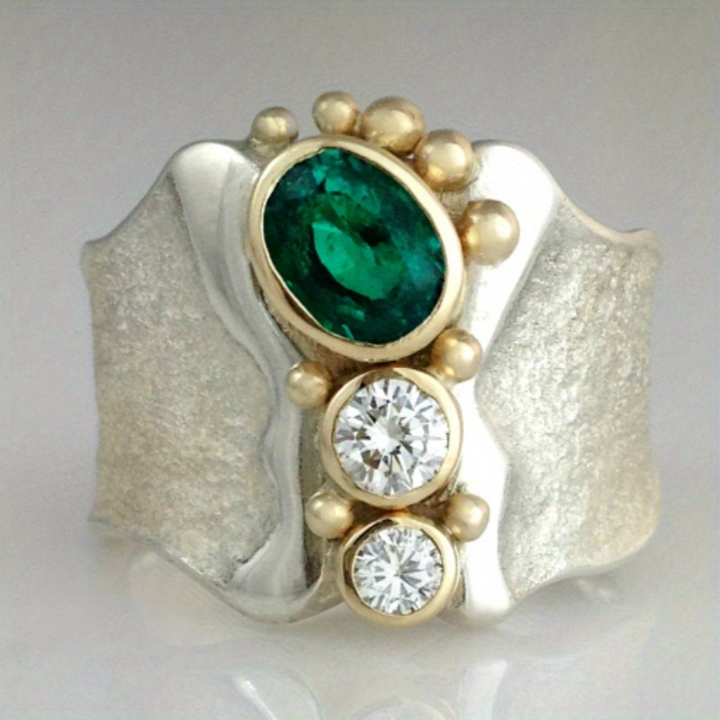 Image of Luxurious Wide Faced Copper Ring Inlaid With Synthetic White Green Synthetic Zirconia, With Women's Engasynthetic Gemstoneent Wedding Ring Jewelry