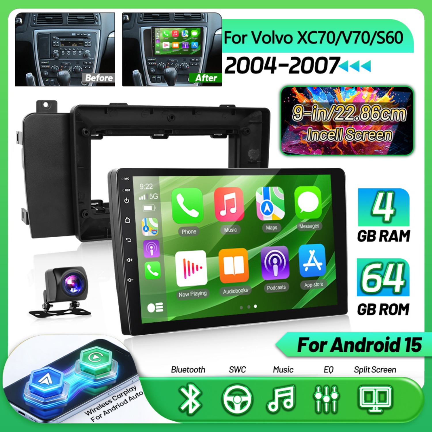 Image of [for For /v70/s60 2004-2007(left-hand Drive)] For 15 4gb +64gb Rom Car Stereo, 9 Inch Car Radio With Touchscreen Support /for Auto//wifi/fm/bluetooth/usb/swc/backup+mic Camera(included).