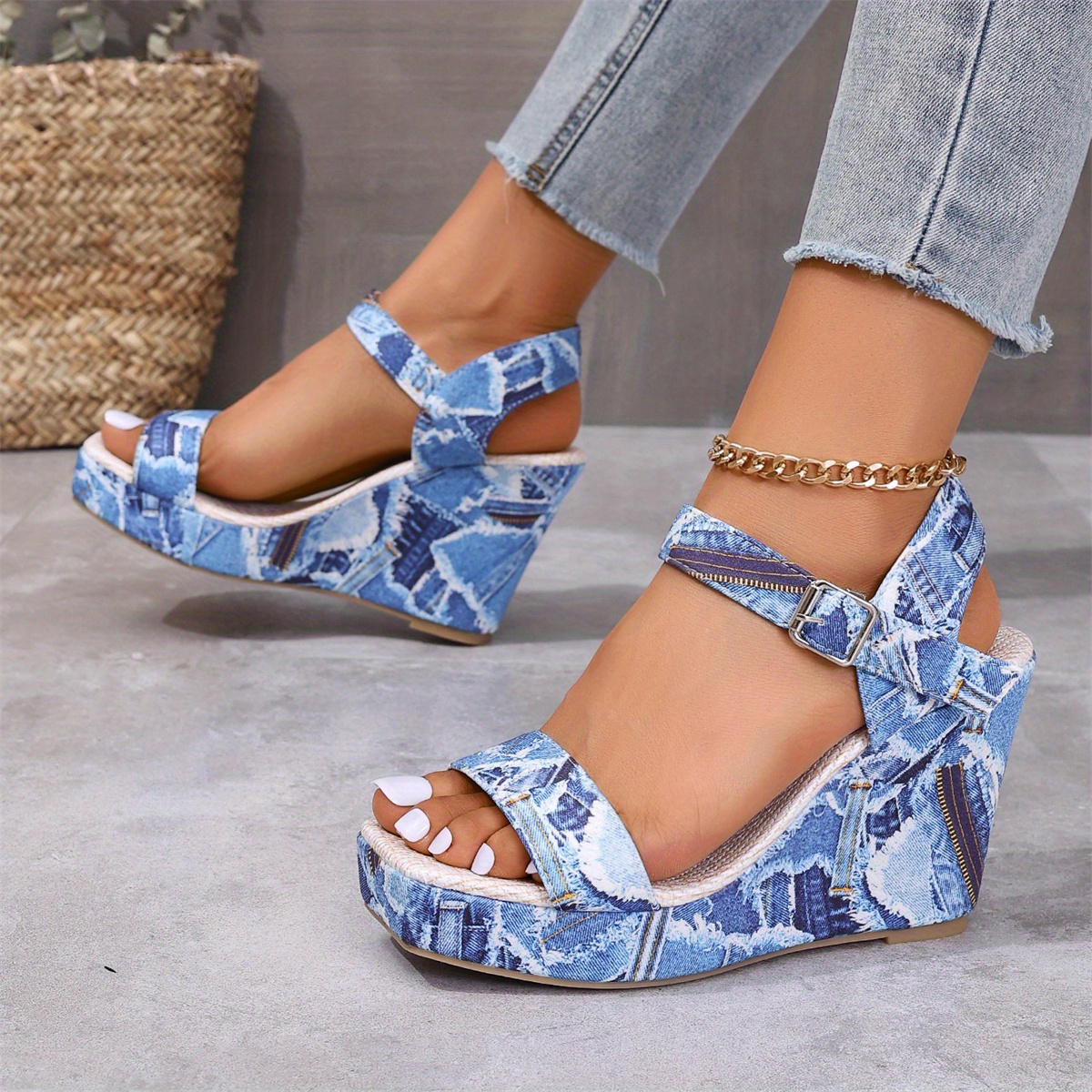 Keilabsatz Schuhe Blaue Damenschuhe Sommer Europäische
