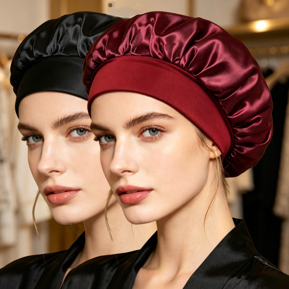 TEMU 2 Pack Cisily Oversized Hair Bonnet Cap Suitable For , Wide Band Hydration Shield For Curly/straight Hair Protection, Black & Wine Red Cap For