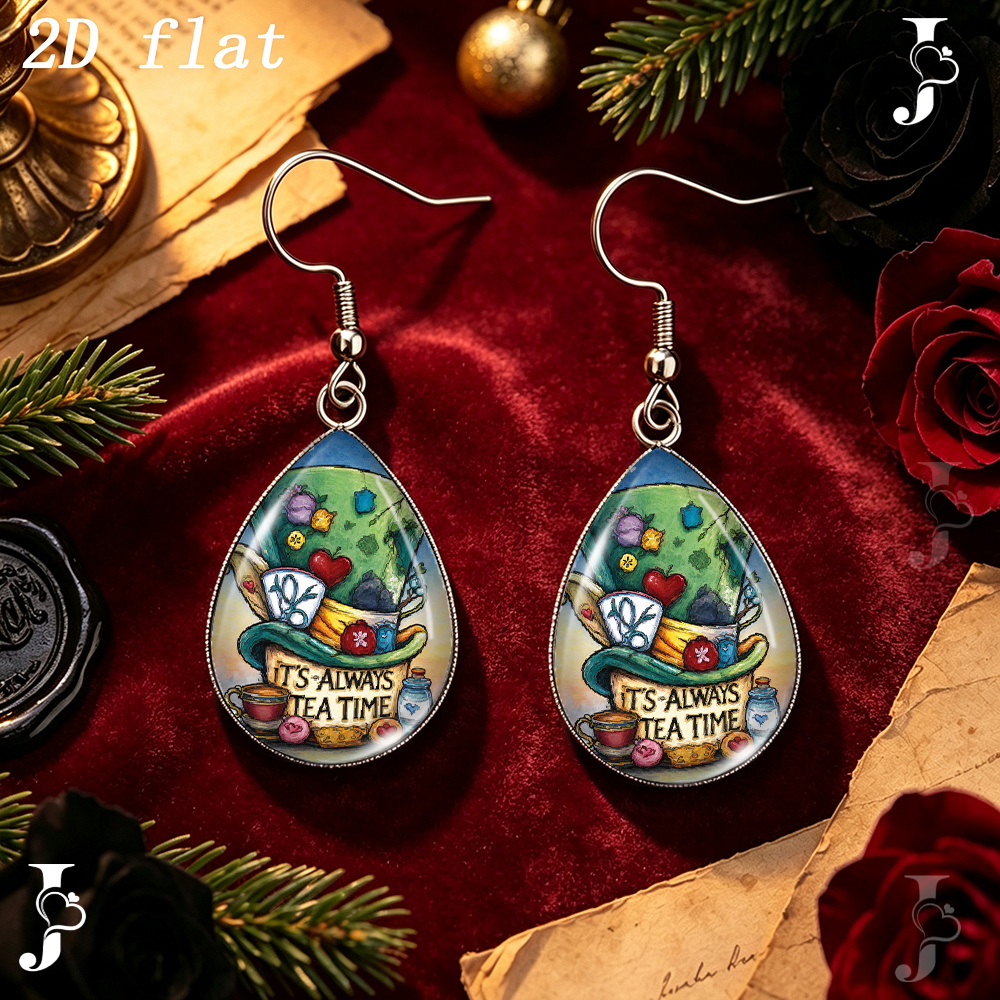 Teardrop Dangle Earrings with Fantasy Afternoon Tea Pattern