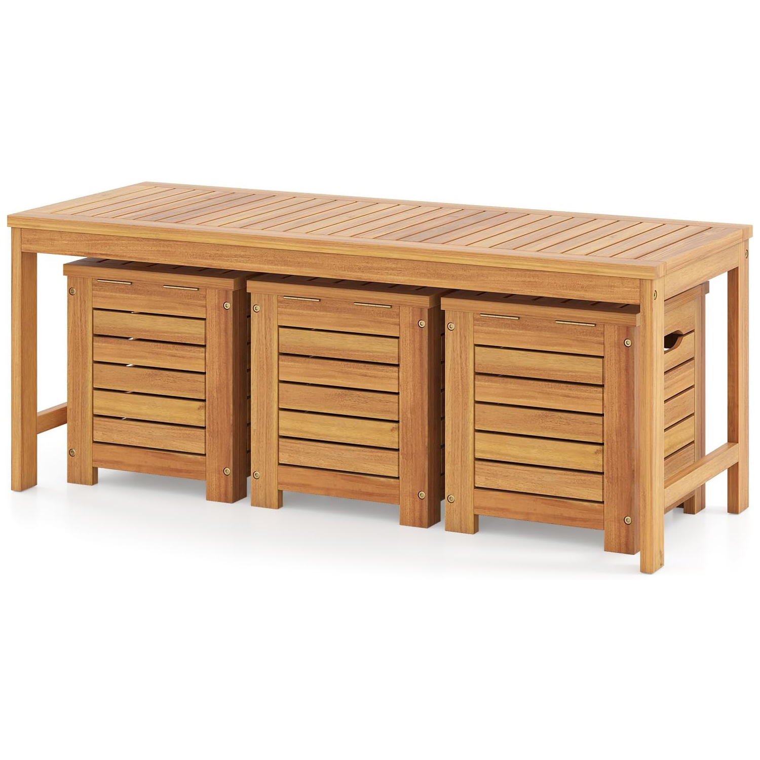 Image of 4pcs Outdoor Bench And Storage Box Set, Acacia Wood Backless Patio Bench And Deck Boxes With Lids And Built- Handles For Porch, Balcony, Backyard And Poolside