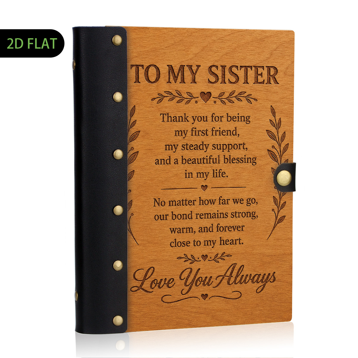 TEMU 1pc Leather And Wooden Hardcover Notebook Design, 2d Flat Rustic Wood Grain Love Quote For My Sister, Leaf Wreath Vintage Journal Diary, Gift
