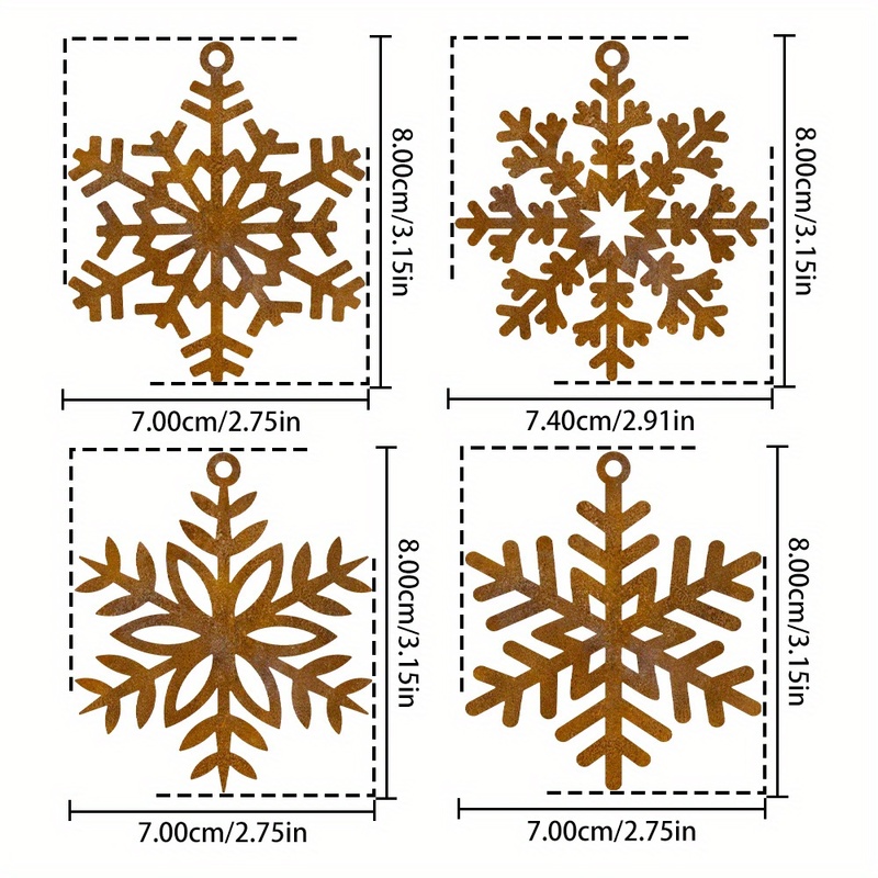 Image of Rust-colored Snowflake Iron Decorations - 4pcs/1 Set, Vintage Christmas Wall Accents, Rustic Holiday Ornaments, Indoor And Outdoor Courtyard Decor, Weather-resistant Ironwork
