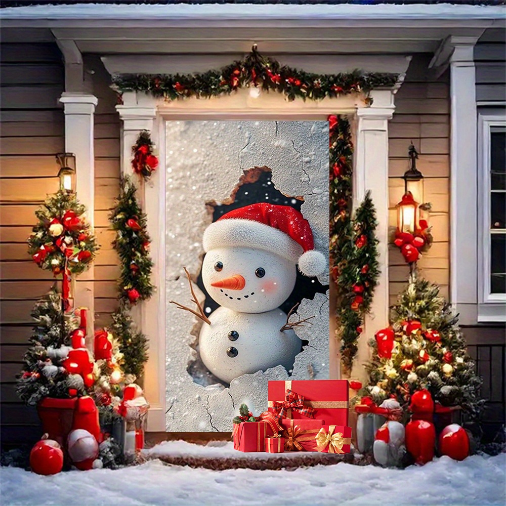 

1pc Christmas Door Cover With 3d Snowman Design - 35x78" Stretchable Polyester Decoration, Entrance Hanging For Christmas, New Year, Valentine's Day & More