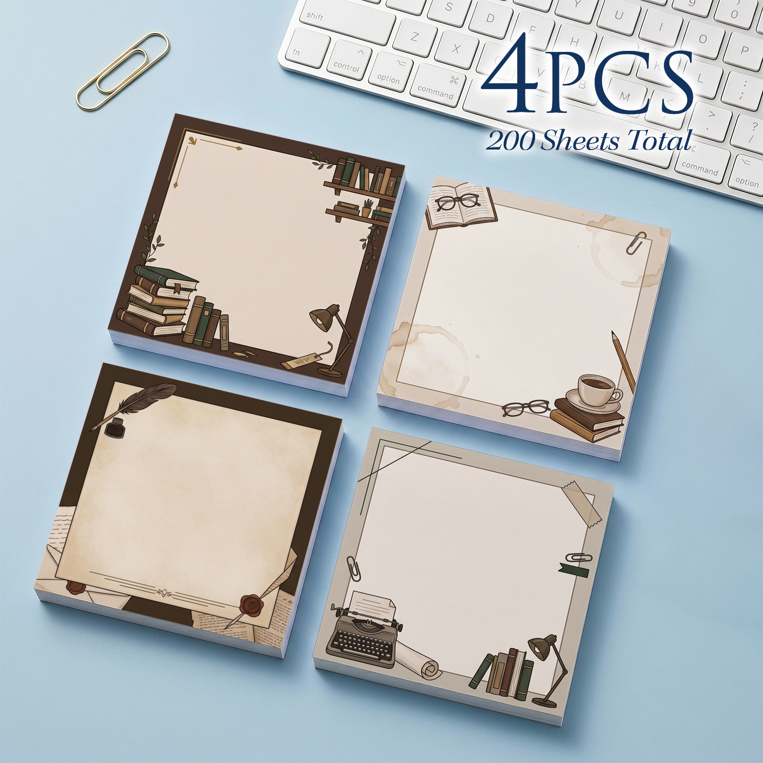 TEMU 4pcs Vintage Library Sticky Notes Set, Book Coffee Writing Theme Self-adhesive Memo Pads, 200 Sheets Total, Aesthetic Study Notepads, Removable