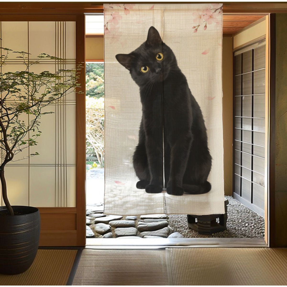 TEMU 【商品名】軽量高品質ポリエステル生地を使用した、日本風黒猫プリントドアカーテン。細かい耐久性があり、リアルなトラ柄の猫デザインがトレンドのモダンスタイルで、実用的なプライバシーパーティションとして活躍。デコレーションに最適。