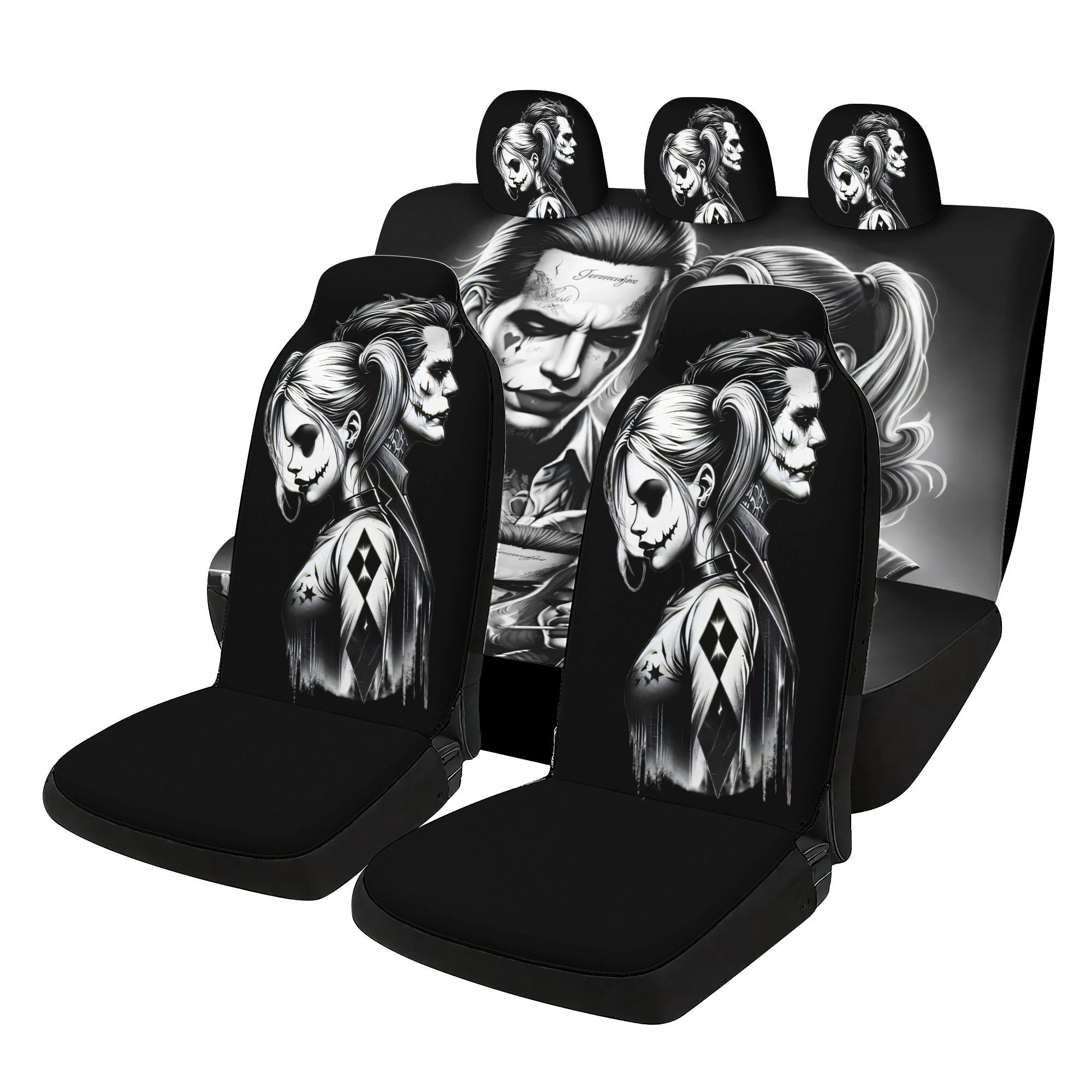 TEMU . Joker Car Seat Covers Set - 7pcs, Including 2 Front Seat Covers + 1 Rear Seat Back Cover + 1 Rear Seat Cover + 3 Car Seat Head Covers,