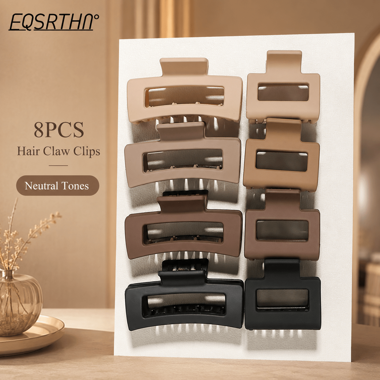 TEMU 8pcs Non-slip Large Hair Claw Clips, Hair Jaw Clips, Big Rectangular Matte End Barrettes, Cute Neutral Tones Hair Additions For Women, Easy