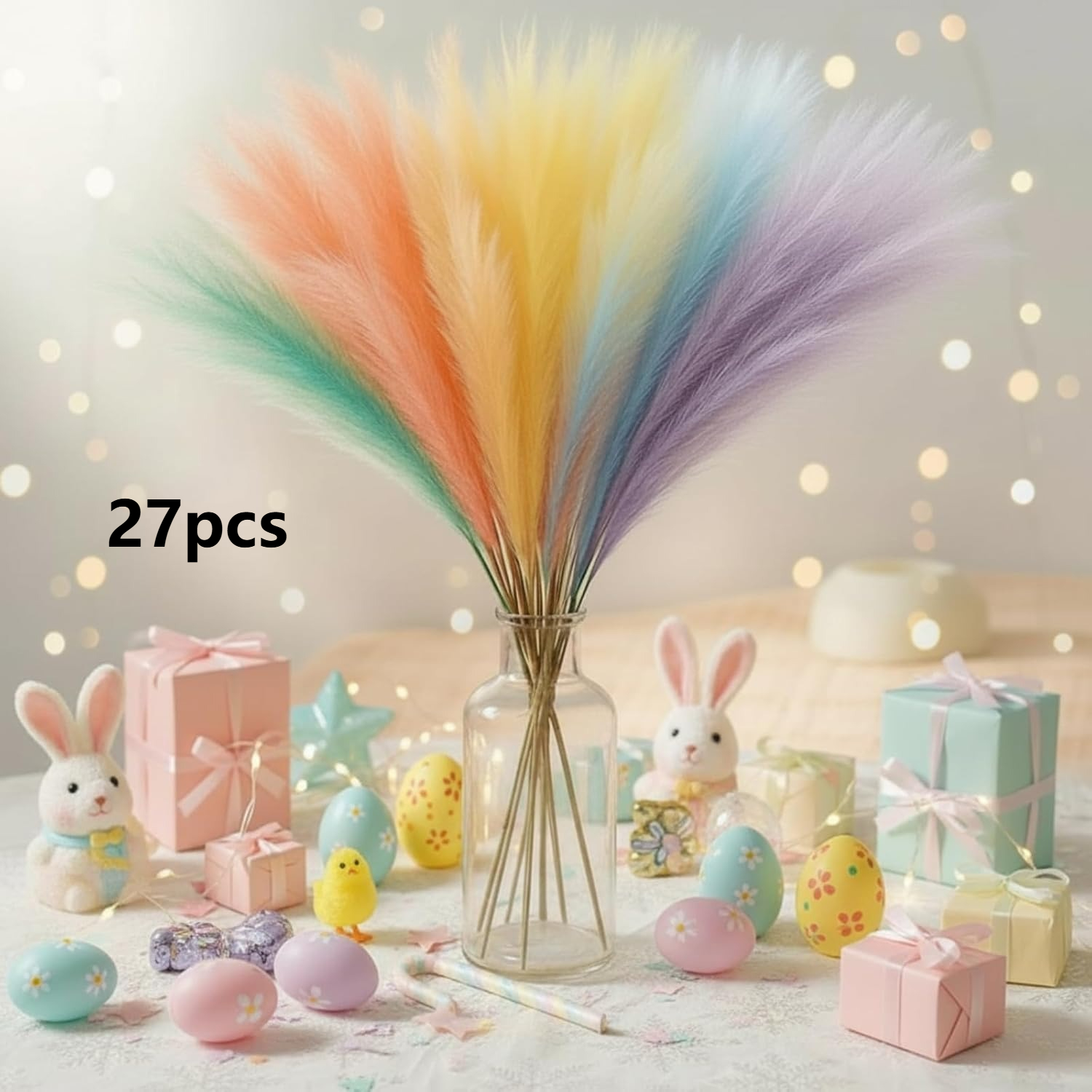 Image of 27pcs Of Rainbow-colored Pampas Grass Artificial Flowers | Suitable For Wedding Decoration, Table Centerpieces, Easter And Home Decoration, 21.65 Inches Long