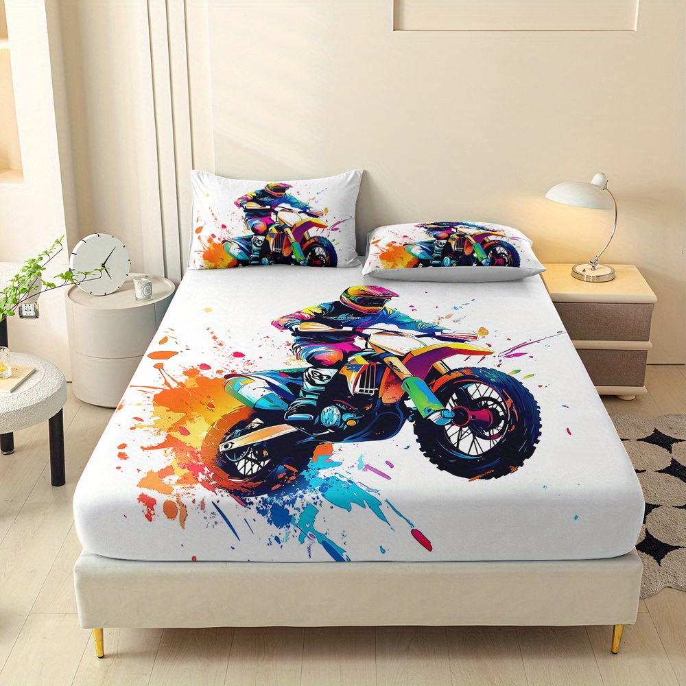 TEMU 3pcs Graffiti Motorcycle Printed Fitted Sheet Set, Queen Mattress Cover, Twin Mattress Protector, King Bedding Set, Polyester Machine Washable,