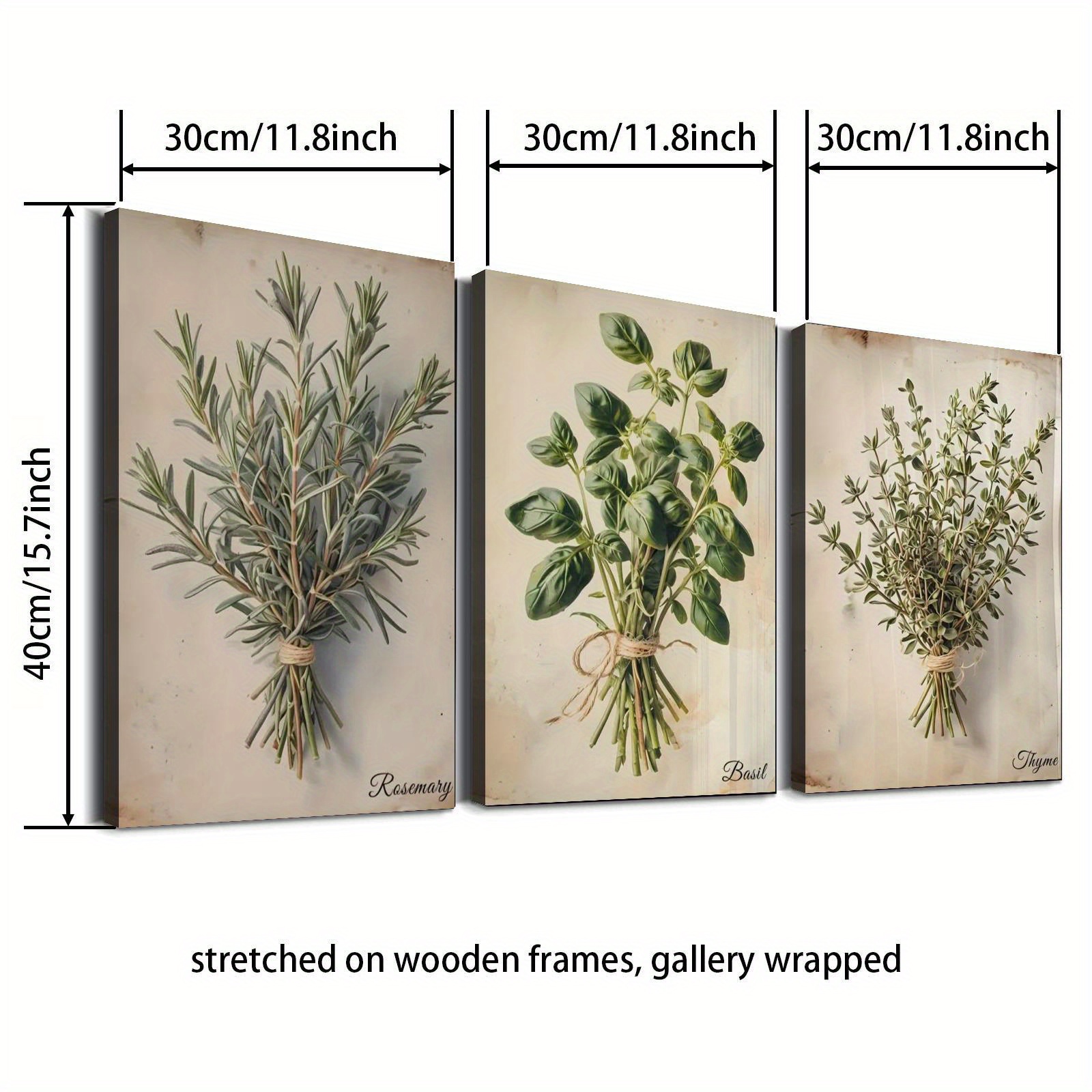 TEMU 2d Flat 3pcs Retro Watercolor Canvas Art Set - Farmhouse Style Vintage Paper Wall Decor With Rosemary, Sage, And Thyme, Wooden Frame,