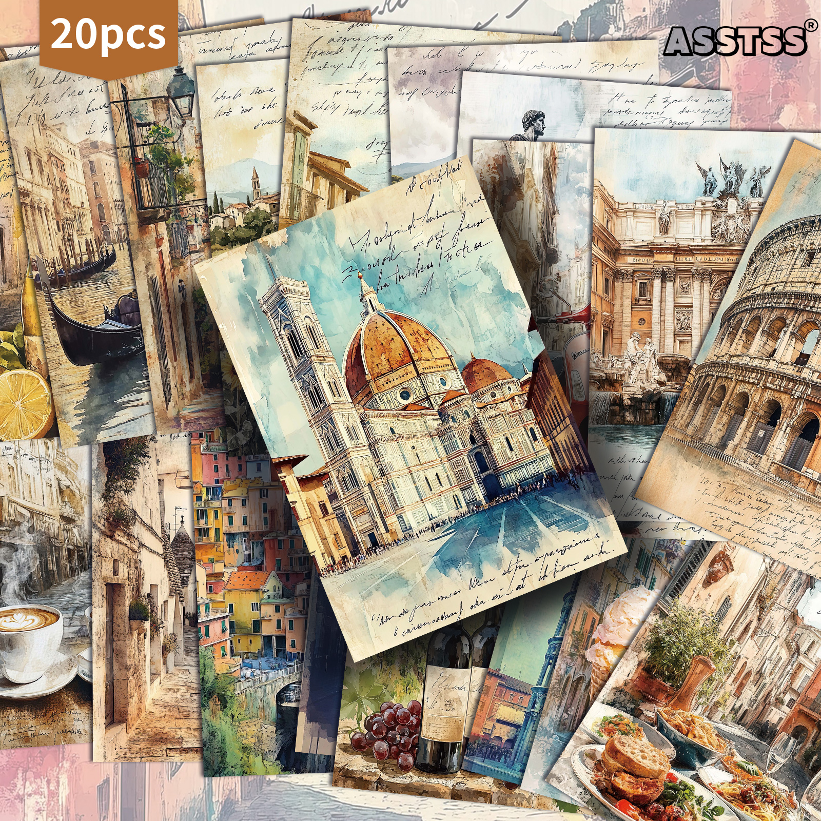 TEMU 20-pack Asstss Pink Travel Architecture Landscape Gift Card - 4x6 Inches Junk Journal Paper, Classic Pinup Illustrations Collectible Decorative