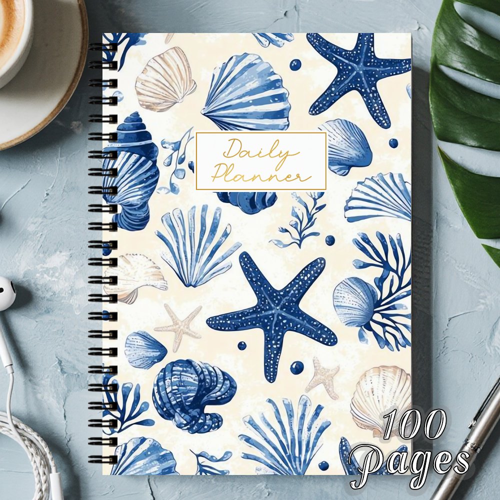 TEMU 1pc Ocean Theme Spiral Notebook - Undated Daily Planner And Schedule Organizer With Sea Shells, Starfish, Coral Design - Aesthetic Productivity
