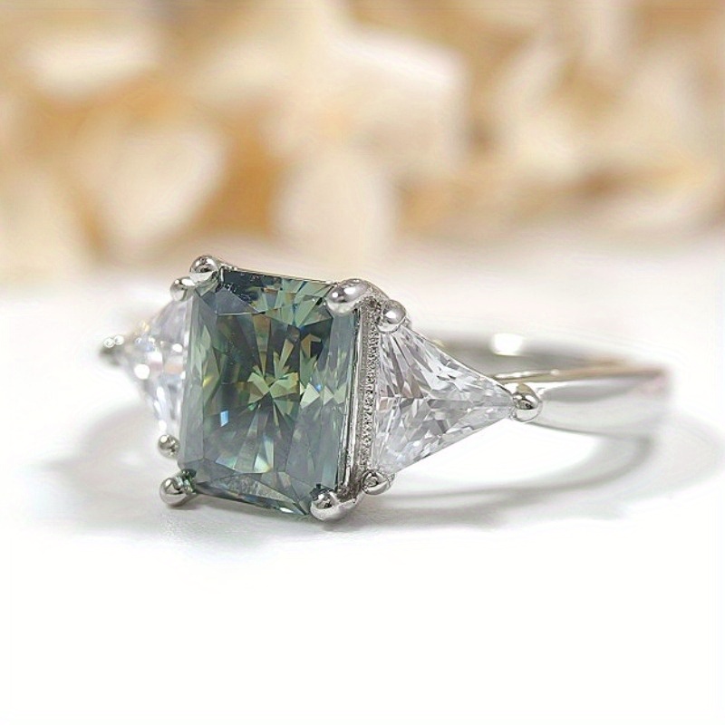 Women's 925 Silver Radiant Cut Green Moissanite Luxury Ring