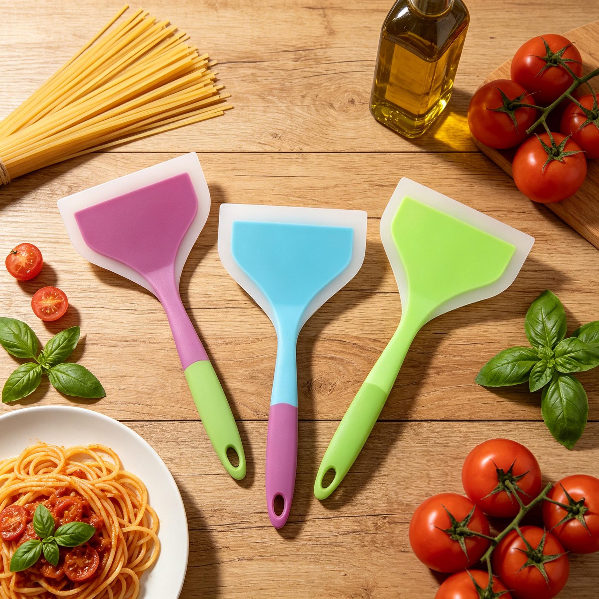 TEMU 3pcs Silicone Spatula Set, Silicone Wok Spatula, Wide Pancake Spatula With , Heat-resistant Kitchen Pancake Spatula, Corn Spatula With Short