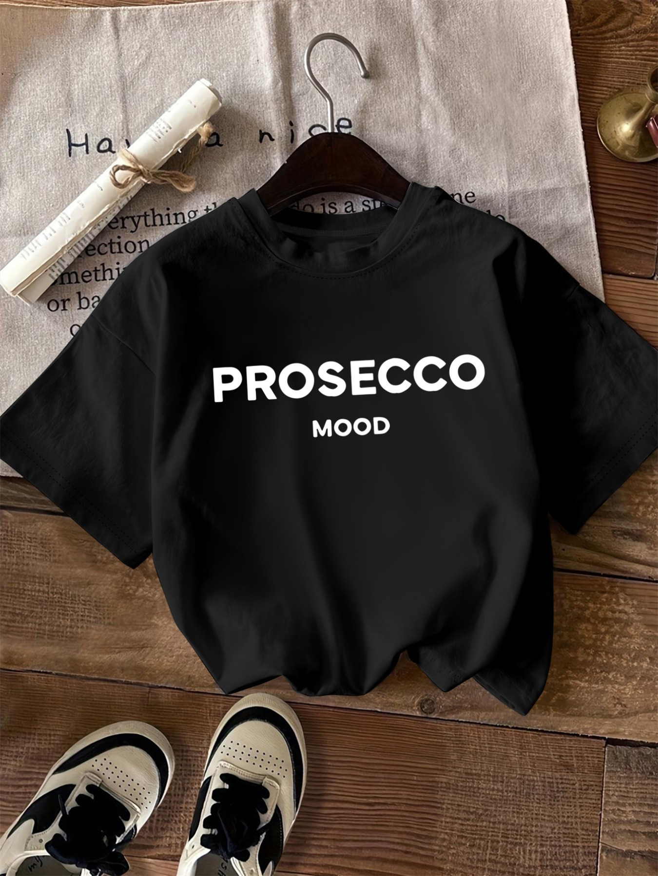 Letter print t-shirt, short sleeve crew neck casual top, Women's clothing