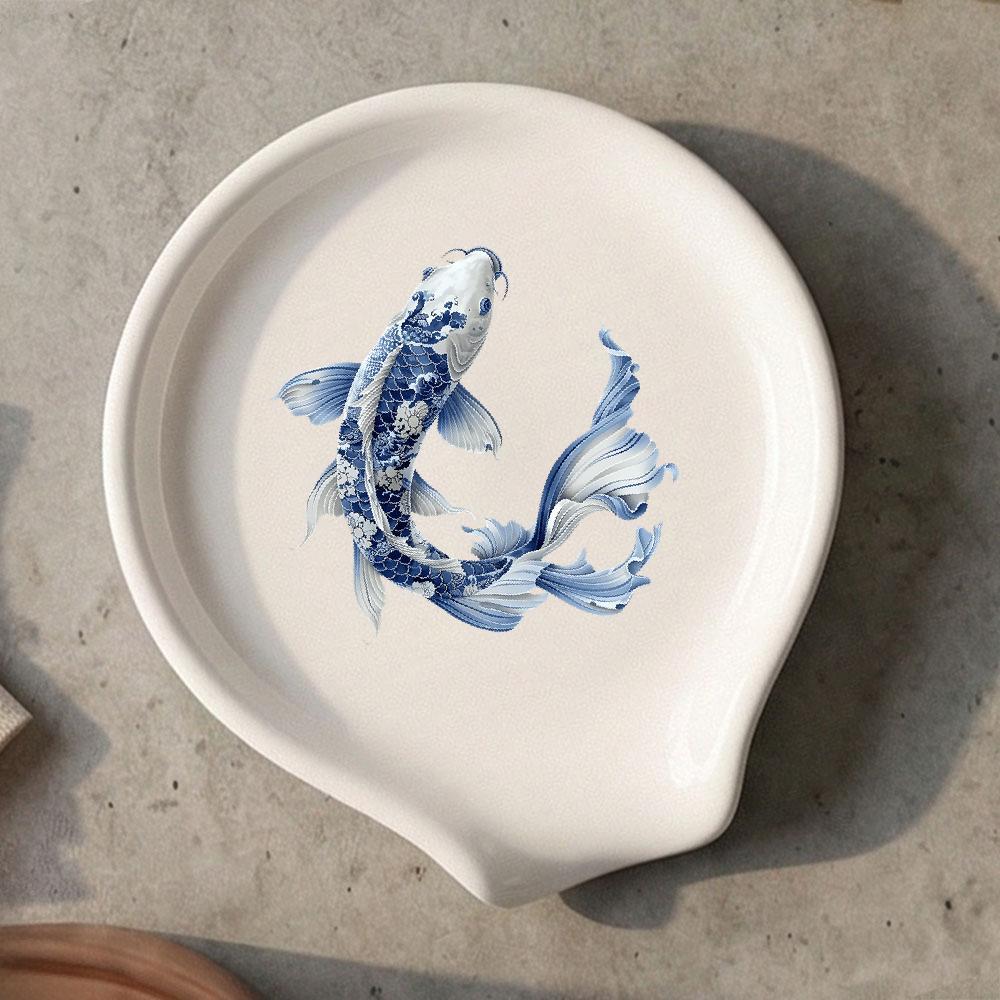 TEMU Ceramic Koi Fish Spoon Rest - /nautical Themed Utensil Holder With Blue Koi & Curved Edge, Countertop Organizer Suitable, Dining Table Decor,