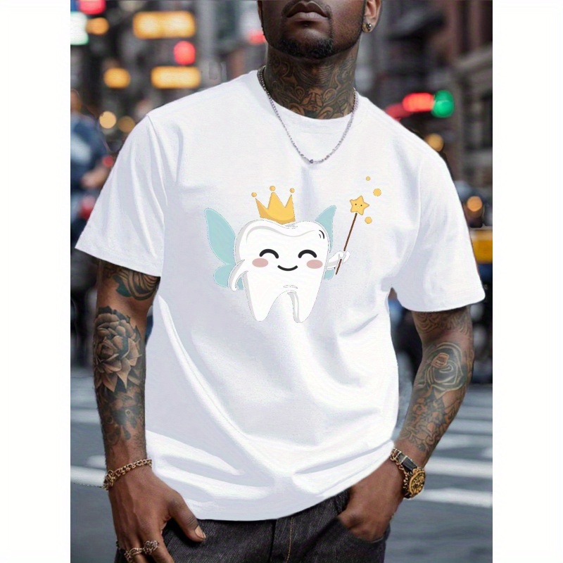 

1pc Men's Casual Polyester T-shirt With Crown Cartoon Tooth Print, Regular Fit Short Sleeve Tee For Summer