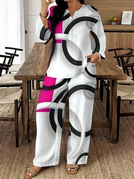 womens v neck long sleeve geometric print two piece set casual loose top and wide leg pants combination modern abstract black white and lightweight and comfortable suitable for daily wear and casual occasions
