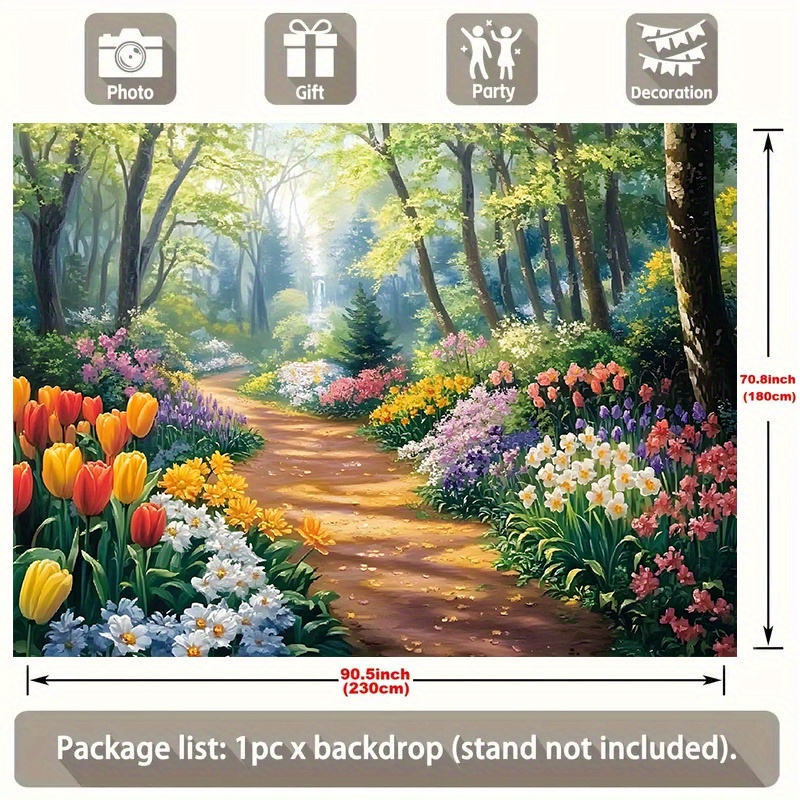 TEMU 1pc Forest Party Banner - Vibrant Polyester Wall Decor With Greenery, Colorful Flowers & , Perfect For Home, Room, And Seasonal Celebrations,