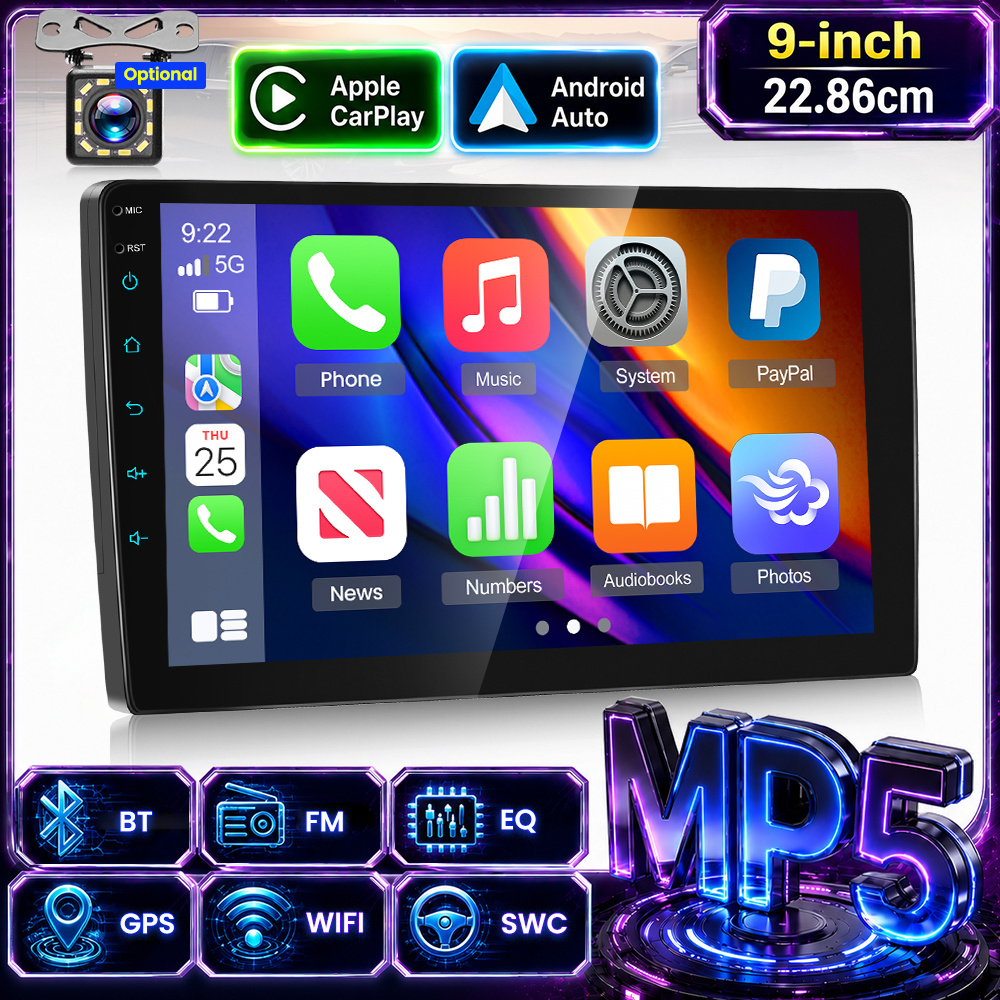 TEMU 9 Inch Double Din Car Stereo, Wireless/wired Carplay & Auto, Screen Mp5 Player With Bluetooth Fm Rds Swc Dual Usb, Optional 12led Backup Camera