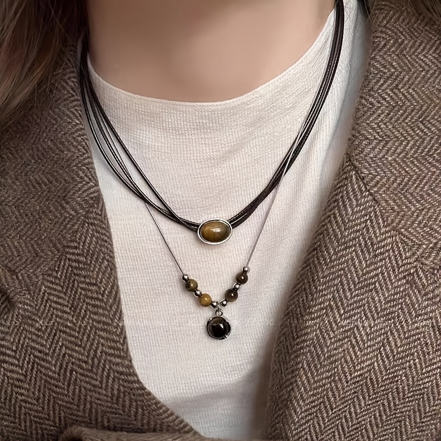 Women's Retro Pendant Necklace Set, 2pcs Stackable Design